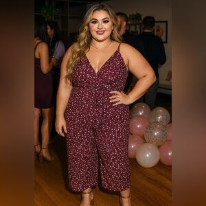 NEW NWT Women's Kaileigh Burgundy Floral Print Cropped Jumpsuit -2X-